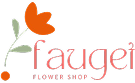 Stylized orange flower with green stem and leaves next to the text fauget flower shop in elegant font, conveying a cheerful and welcoming atmosphere for a flower shop brand